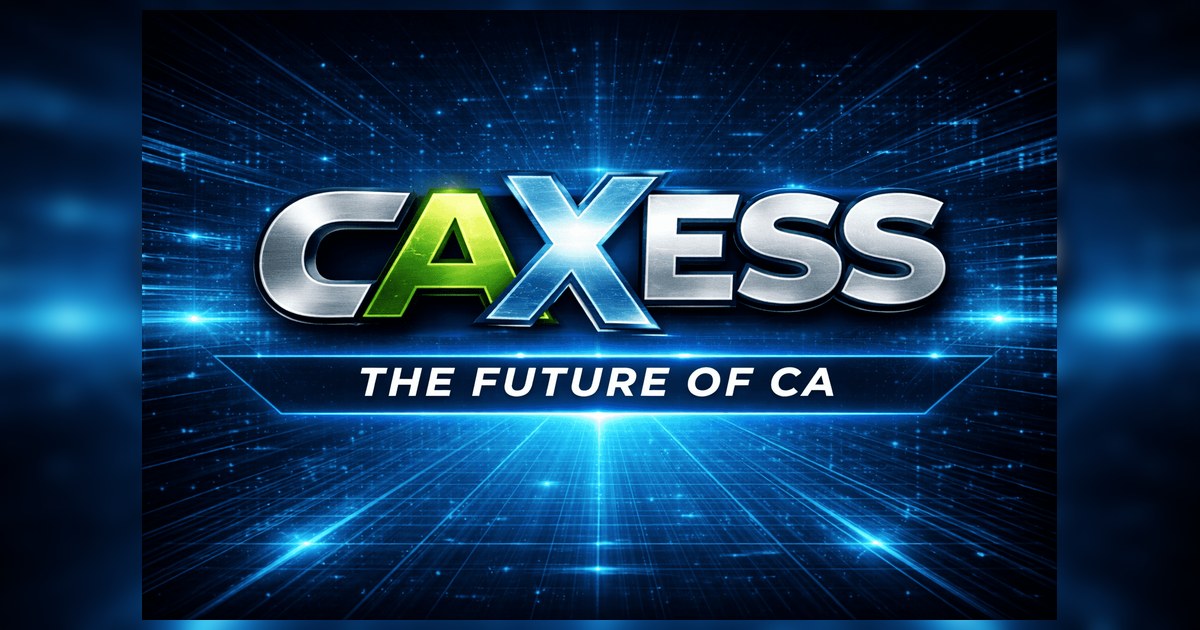 CAXESS logo card with the tagline The Future of CA on a blue digital grid background