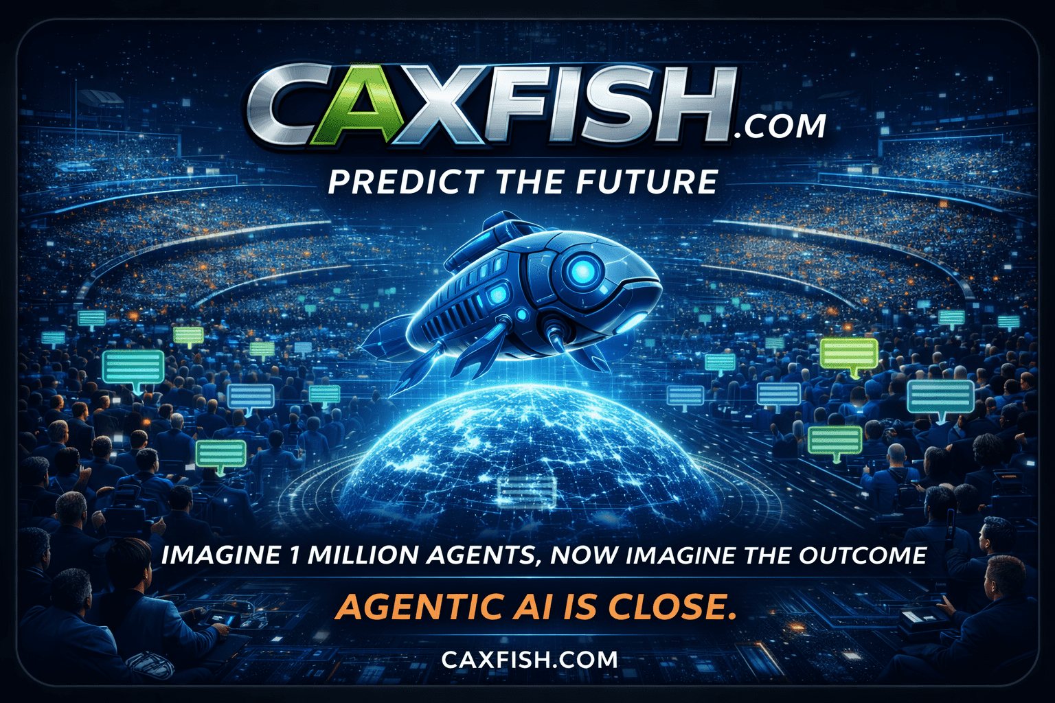 CAXFISH.com service card showing a futuristic fish-like AI agent over a digital globe with predict the future messaging