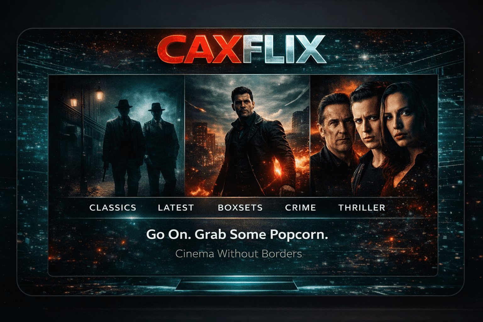 CAXFLIX service card showing a cinematic streaming interface with classics, latest, boxsets, crime and thriller categories